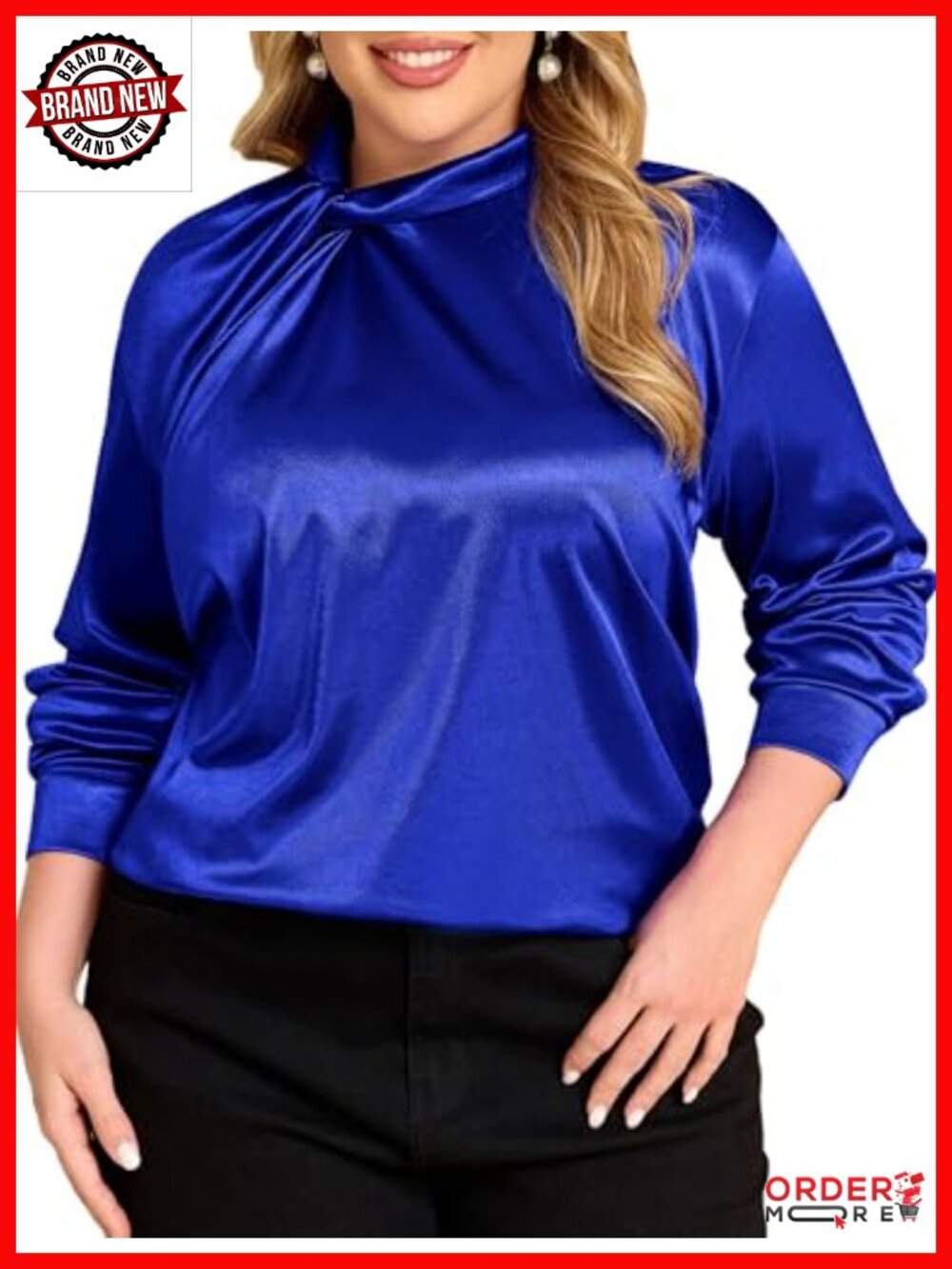 Plus Size Satin Blouse Long Sleeve Mock Neck Twist Knot Top Loose Business
